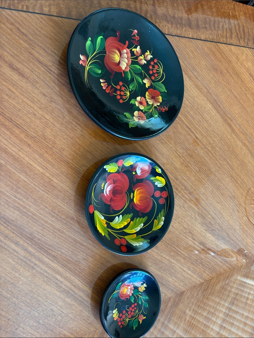 Hand-Painted Floral Nesting Boxes - Black Base with Red & Green Accents